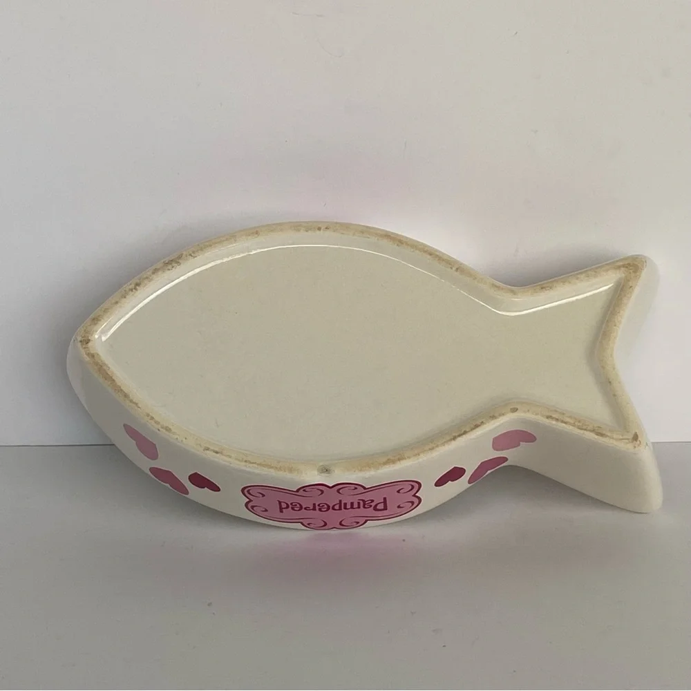 Cat Bowl Fish Shaped Ceramic “Pampered” White Pink. 8” Long Water Food Kitty